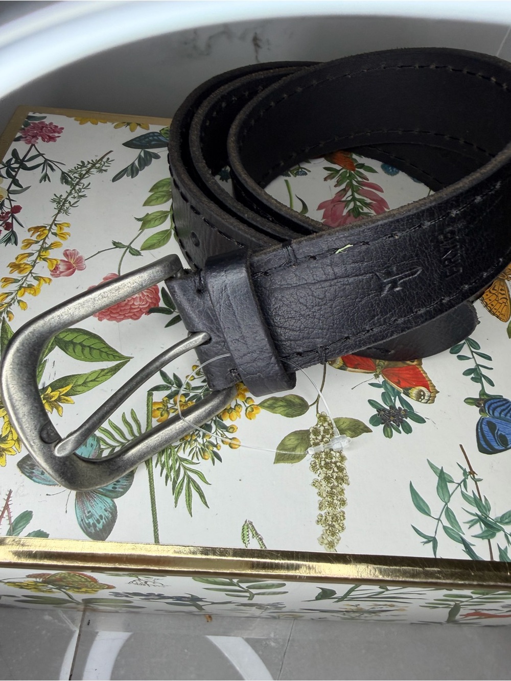 FRYE AND CO. Black Leather Men's Belt with Brushed Metal Buckle size 40